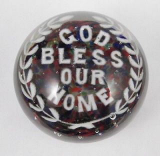 Antique God Bless Our Home Frit Glass Paperweight (