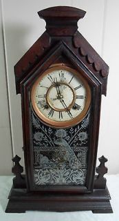 Antique Waterbury Shelf Mantle Parlor Gingerbread Clock Peacock Etched 