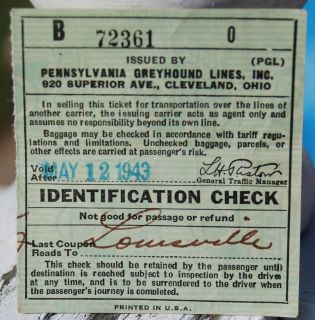 VTG 1940 PENNSYLVANIA GREYHOUND LINES ID CHECK TICKET TO LOUISVILLE KY 