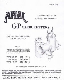 Amal GP Types 1&2, 5 10 15GP carburetor parts list and tuning 31 pages 