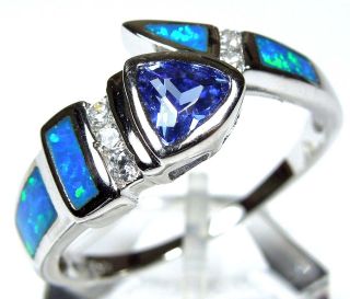   Tanzanite and Blue Fire Opal Inlay 925 Sterling Silver Ring sz 6 7 8 9