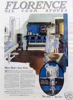 1920 Florence Oil Cook Stoves Water Heater Mother Girl Blue Kitchen 