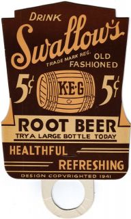1941 soda pop bottle topper sign die cut SWALLOWS ROOT BEER new old 