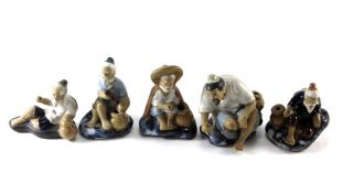 Vintage Oriental Ceramic Men Fishermen Figure Figurines with Jar 