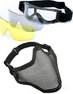 in 1 Protection Steel Face Mask + X800 3 Lens Goggles Airsoft 