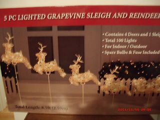FOUR DEER & SLEIGH LIGHTED GRAPEVINE INDOOR OUTDOOR 8.5 FT DECORATION 