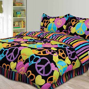 Black Peace Sign Peace and Love Comforter Twin or Full Teen Girl 
