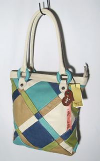 SOFIA C. Patchwork Cream/Aqua Leather Large Tote Handbag ITALY ~ NWT 