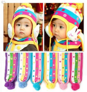 Korean Baby Scarf Set Double Knitted Rabbit Hat Ear Protect Kid Bunny 