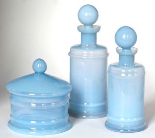 VINTAGE VANITY SET 2 PERFUME scent BOTTLES POWDER BOX jar BLUE OPALINE 