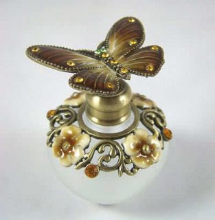 Antique Brass CRYSTAL BUTTERFLY PERFUME BOTTLE   Amber