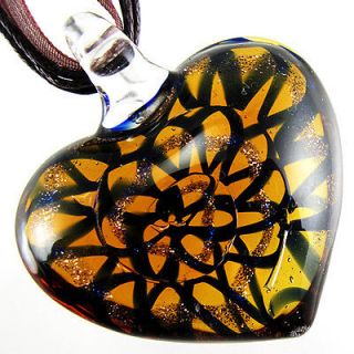   Nice Heart Lampwork Murano Art Glass Pendant Ribbon Necklace Cord