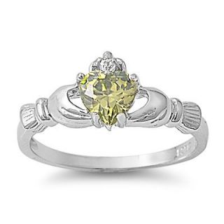 Peridot Heart Claddagh Sterling Silver Ring   9mm   Sizes 5  10