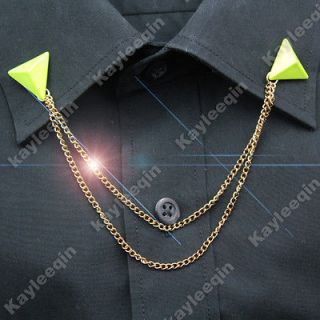 Neon Yellow Triangle Body Stud Spike Collar Neck Tip Brooch Pin Chain 