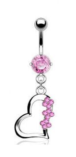 Fancy Pink Gem Heart With Flowers Navel Belly Ring Piercing Jewelry 