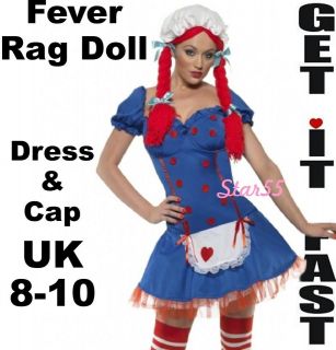 Womens Looby Loo Fever Rag Doll Dress & Cap Fancy Dress Costume Small 