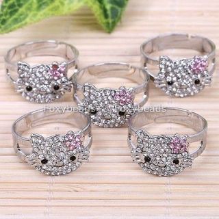 Newly listed 5PC PINK CRYSTAL FLOWER SILVER PLATE CUTE FINGER RING #9