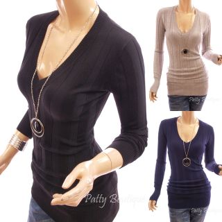 Smart V Neck Ribbed Knit Long Sleeve Sweater Tunic Top