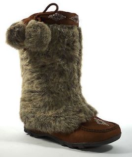   Mukluk Faux Fur Suede boots with Pompoms Dangles British Tan Brown