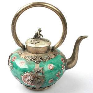Charming tibet silver green porcelain dragon teapot