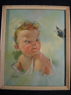   1943 Florence Kroger Calendar Print~Baby & Butterfly~C.Mo​ss~Litho