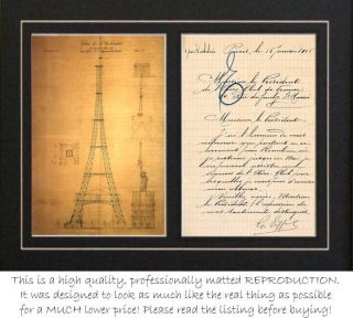   drawing and autographed letter by Gustave Eiffel Pro matter Repro