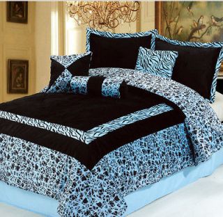 7PC NEW Blue Faux Fur Zebra Animal Print Comforter Set **Queen **