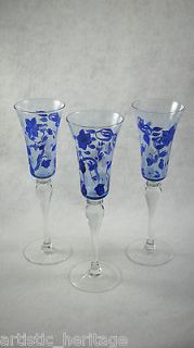   Painted with Blue Flowers Wine Glasses Goblets 9.75 tall Set of 3 SH