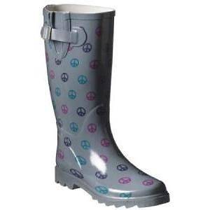 WOMENS CHARCOAL WATERPROOF RAIN BOOTS with PEACE SIGNS