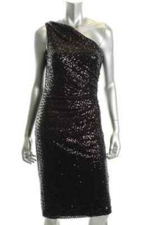 Ralph Lauren NEW Black Sequined Mesh Ruched One Shoulder Evening Dress 