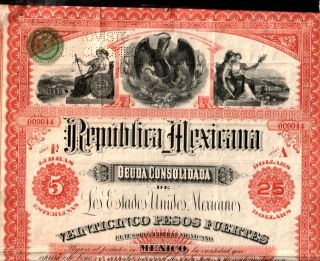 1885 MEXICO COLUMBUS BOND w PCo, 26 COUPS, MEX TREASURERs SIG $ 