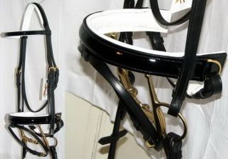   Leather BLACK GLOSS Comfort WHITE Padded BRASS Dressage Bridle Reins