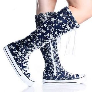 Gray Plaid Lace Up Knee High Boots Canvas Sneakers Womens Skate Shoes 