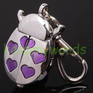 Silver Beetle Purple Heart Key Ring Keychain Clock Pocket Watch & Free 