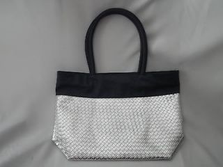  Faux Leather Travel Tote in Embossed Silver w/ Navy 