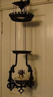   Slant Glass Shade Bradley & Hubbard Iron Horse Hanging Oil Lamp