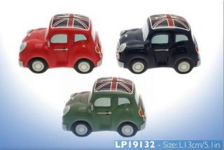   Mini Car Money Bank Asst Blue Red Green With Union Jack on Roof