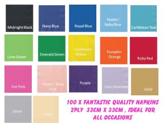 100 Top Quality 2 Ply Bright Colour Napkins Serviettes 17 Colours 