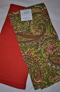 APRIL CORNELL, SET OF 2 TEA TOWELS, GREEN, RED, HOLIDAY PAISLEY WAFFLE 