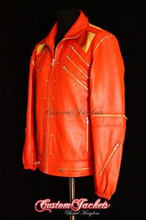 Mens MJ BEAT IT Orange MUSIC Dance RNB Pop Rock Star Real Leather 