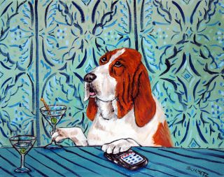   hound AT THE MARTINI BAR WITH CELL PHONE picture DOG ART NOTE CARDS