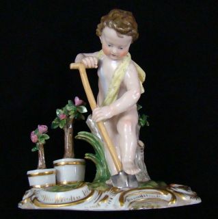 Meissen Porcelain Putti Cherub with Spade Shovel Planting Rose Bushes
