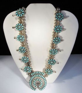   .925 Sterling Silver PETITE POINT TURQUOISE SQUASH BLOSSOM NECKLACE