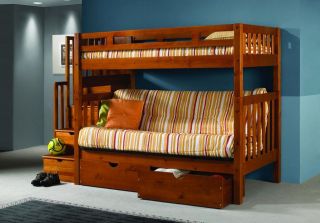 Staircase Bunk Bed with Futon   Honey Finish Futon Bunkbed   FREE 