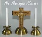 Antique Art Deco standing Cross Crucifix Candlestick Brass Jesus 