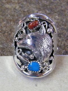   Turquoise Coral Mens Wolf Ring Sterling Silver Native American Indian