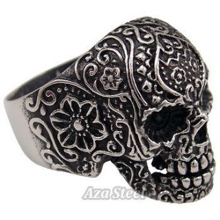 Mens Skull Flower Biker 316L Stainless Steel Ring Size 6,7,8,9,10,11 