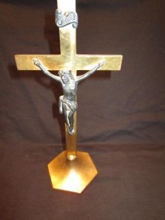 Antique Vintage Small Standing Brass Church Altar Crucifix w Pewter 