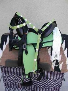 12 NEW GREEN SYNTHETIC YOUTH WESTERN SADDLE PACKAGE