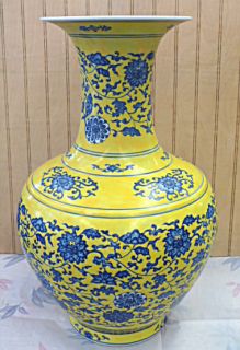   Yellow With Blue Floral Design Chinese Porcelain Vase 17h x 11w